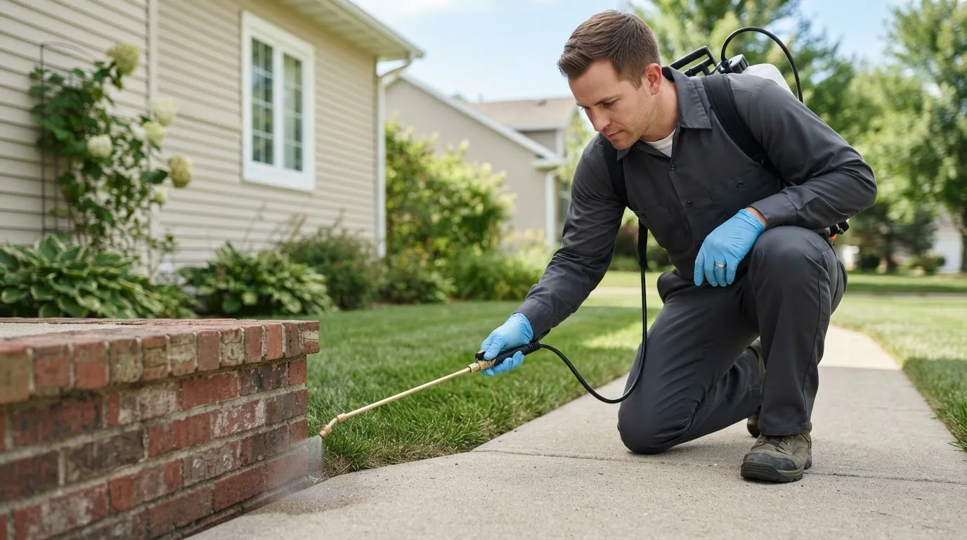 Pest control technician treating a home near Gause, TX